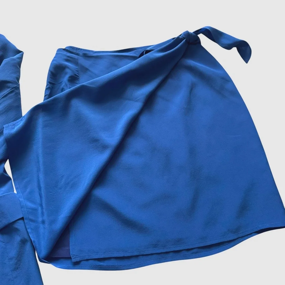 Hugo Buscati Milano Vintage Royal Blue 100% Silk Blazer Wrap Skirt Suit Set 2 4